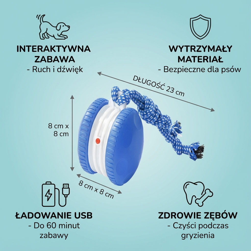Wytrzymała piłka dla psa z czujnikiem ruchu i linką