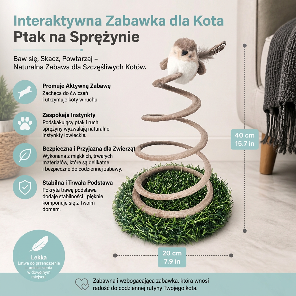 Interaktywna zabawka dla kota z ptaszkiem na sprężynie i podstawą z trawką