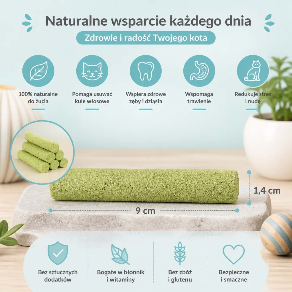 Kocie Trawy w Formie Pałeczek do Żucia – Usuwanie Kul Włosowych i Zdrowe Zęby