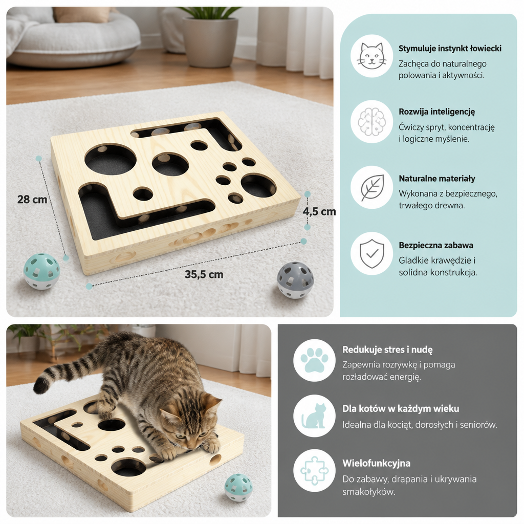 Interaktywna Drewniana Puzzle Box Dla Kota – Zabawka Do Drapania, Ukrywania I Szukania Przysmaków