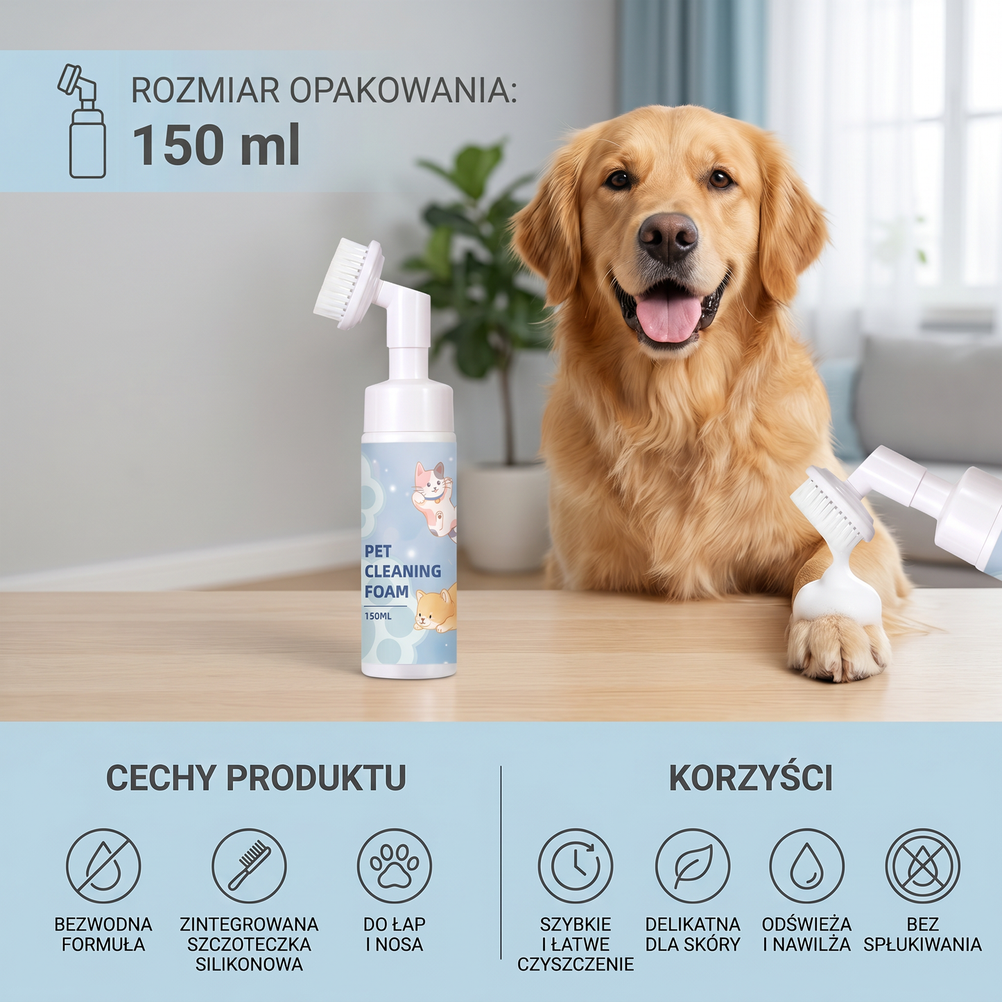 Bezwodna i Delikatna Pianka do Czyszczenia Łap z Szczotką dla Psów