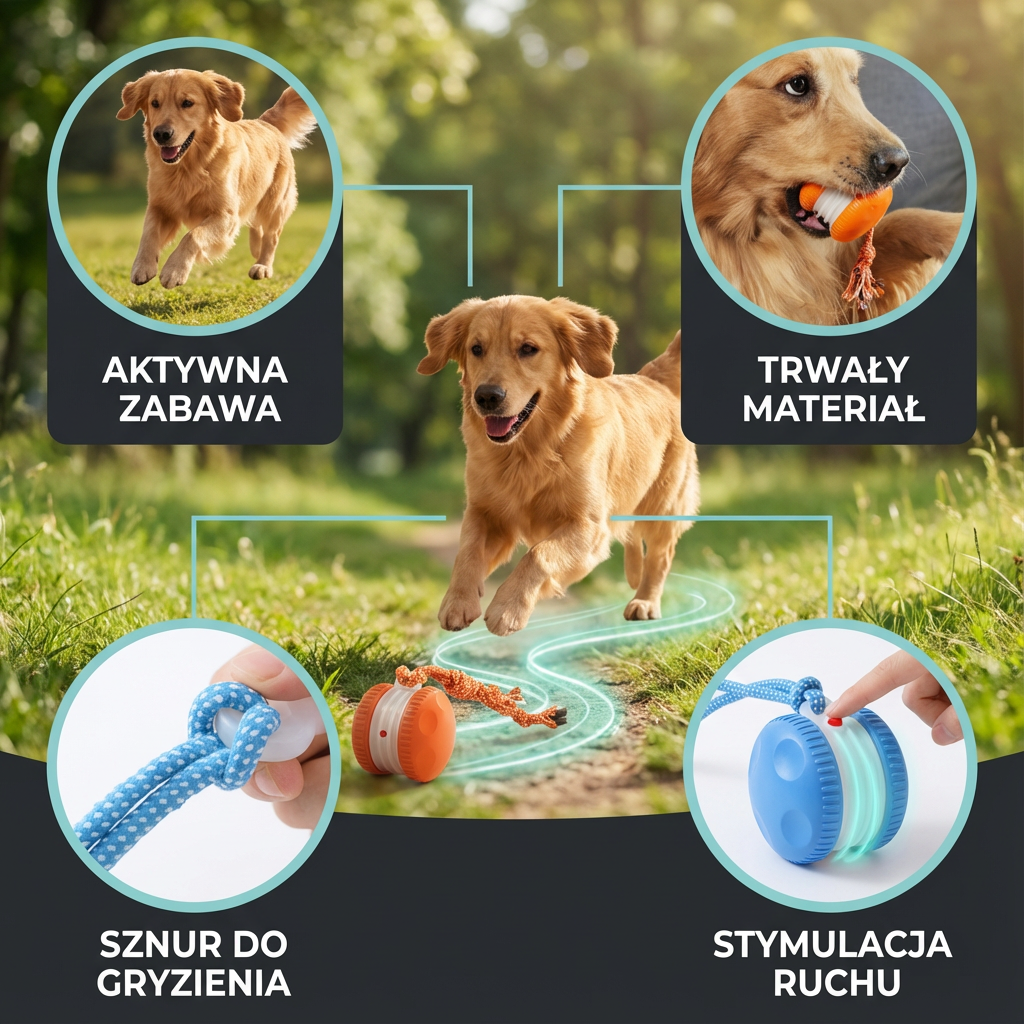 Wytrzymała piłka dla psa z czujnikiem ruchu i linką