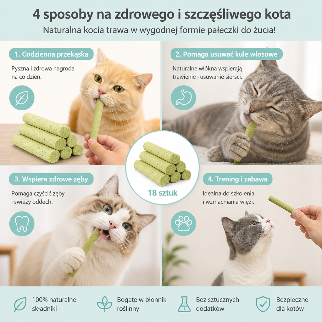 Kocie Trawy w Formie Pałeczek do Żucia – Usuwanie Kul Włosowych i Zdrowe Zęby