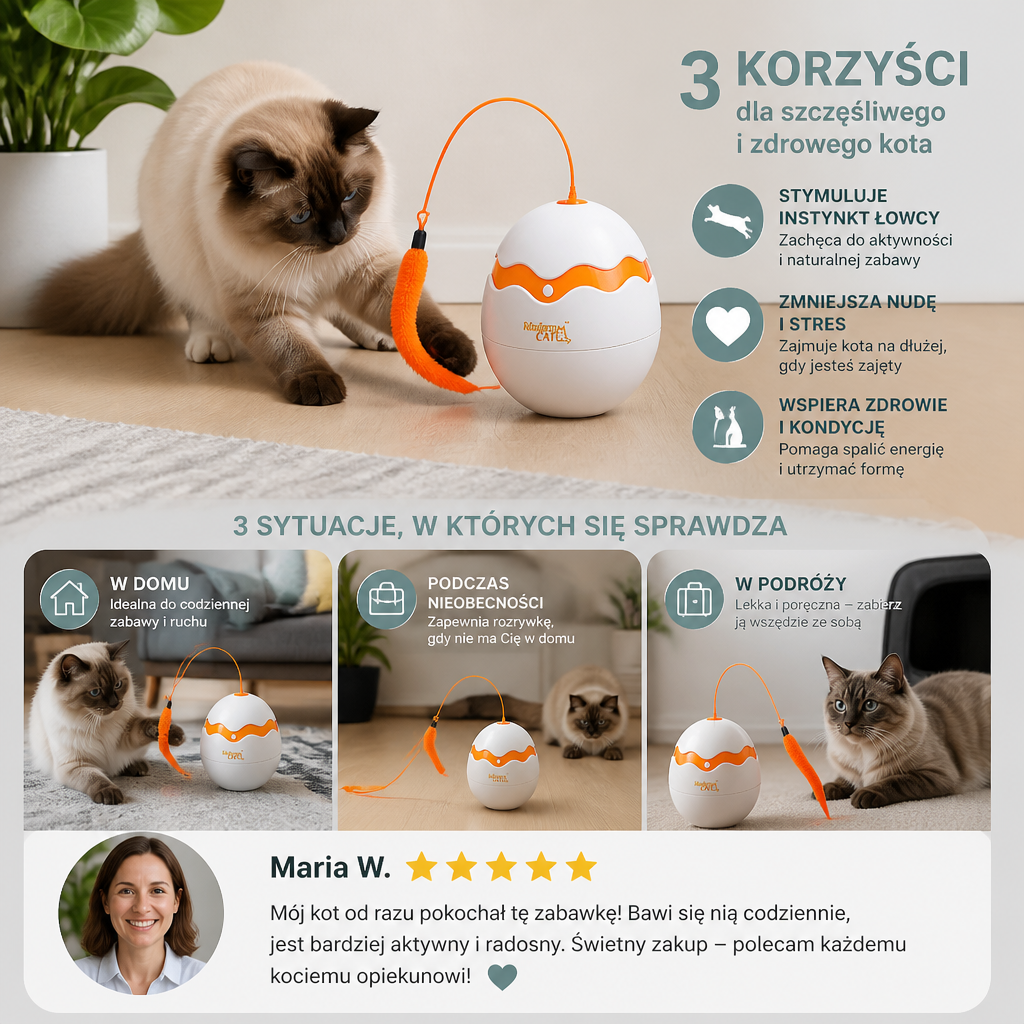 Interaktywna Chwiejąca Się Zabawka dla Kota w Kształcie Jajka – Automatyczna Wędka z Piórkiem