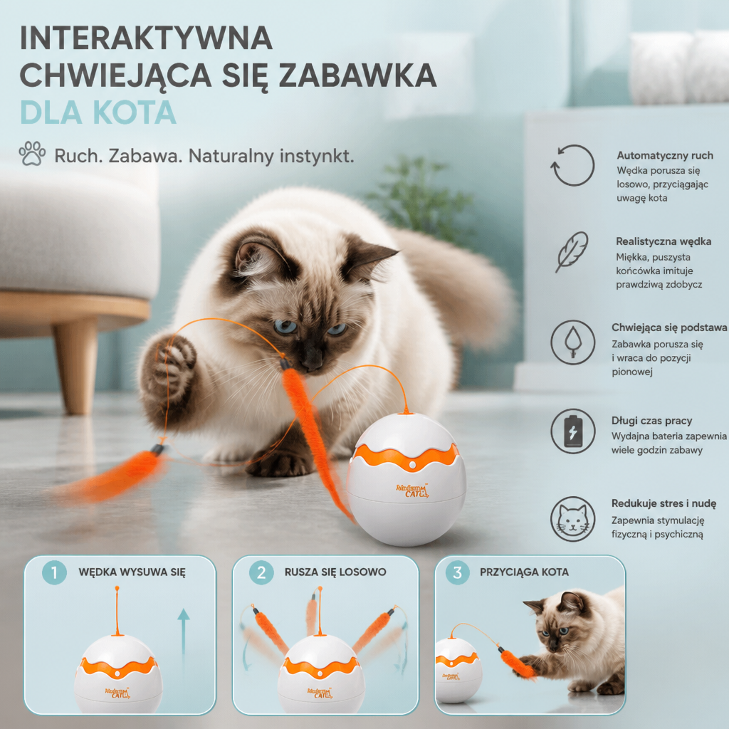 Interaktywna Chwiejąca Się Zabawka dla Kota w Kształcie Jajka – Automatyczna Wędka z Piórkiem