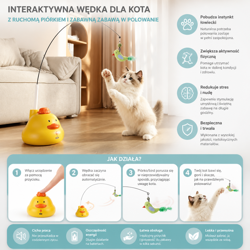 Interaktywna Wędka Dla Kota Z Ruchomą Piórkiem I Zabawną Zabawą W Polowanie