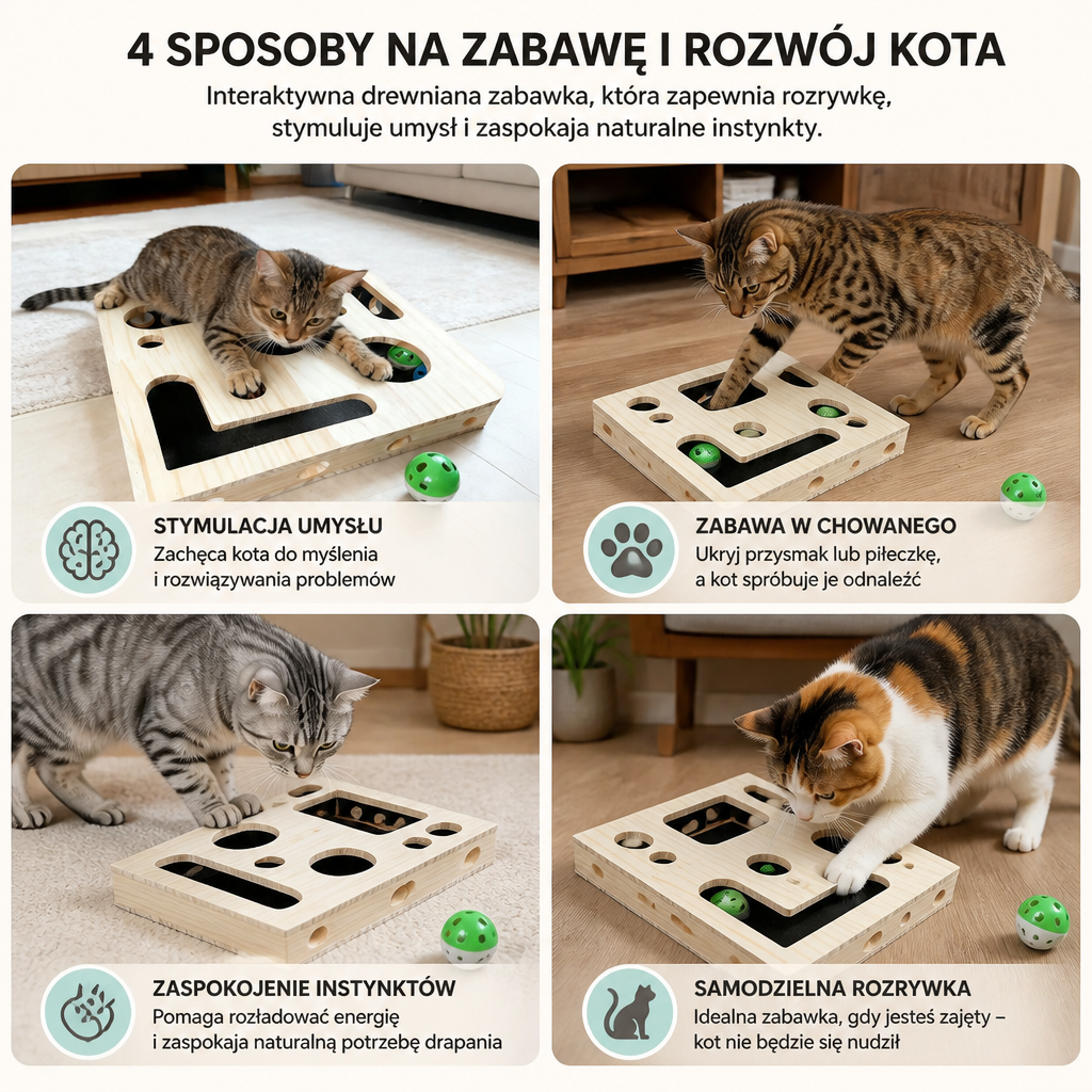 Interaktywna Drewniana Puzzle Box Dla Kota – Zabawka Do Drapania, Ukrywania I Szukania Przysmaków