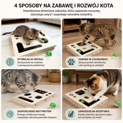 Interaktywna Drewniana Puzzle Box Dla Kota – Zabawka Do Drapania, Ukrywania I Szukania Przysmaków