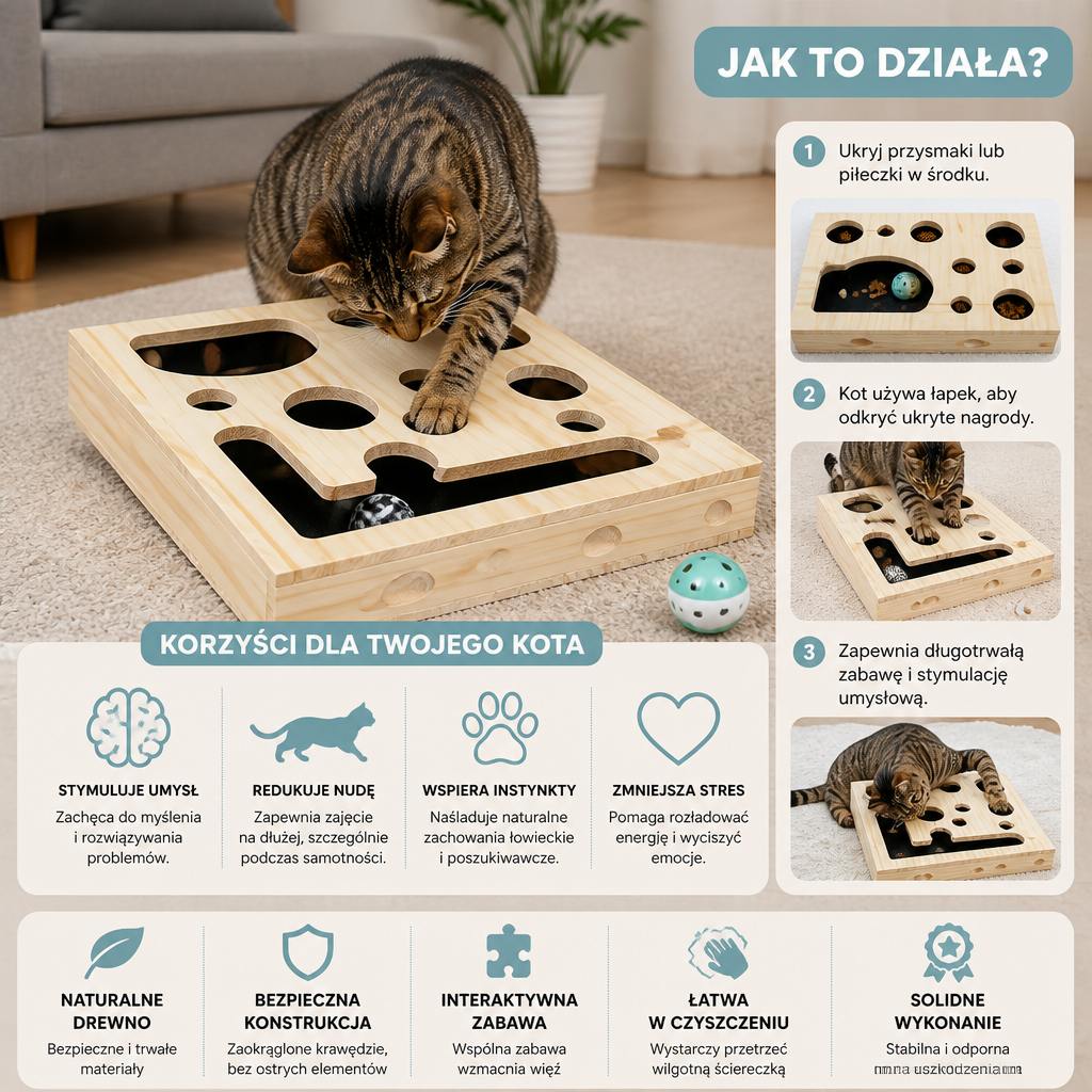 Interaktywna Drewniana Puzzle Box Dla Kota – Zabawka Do Drapania, Ukrywania I Szukania Przysmaków