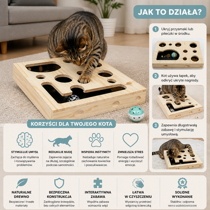 Interaktywna Drewniana Puzzle Box Dla Kota – Zabawka Do Drapania, Ukrywania I Szukania Przysmaków