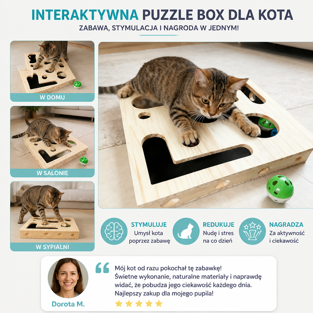 Interaktywna Drewniana Puzzle Box Dla Kota – Zabawka Do Drapania, Ukrywania I Szukania Przysmaków