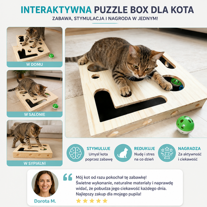 Interaktywna Drewniana Puzzle Box Dla Kota – Zabawka Do Drapania, Ukrywania I Szukania Przysmaków