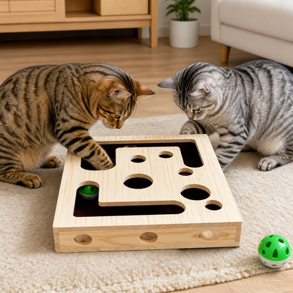 Interaktywna Drewniana Puzzle Box Dla Kota – Zabawka Do Drapania, Ukrywania I Szukania Przysmaków