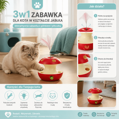 3w1 Zabawkа Dla Kota W Kształcie Jabłka – Interaktywna Zabawka Z Piórkiem I Piłeczką