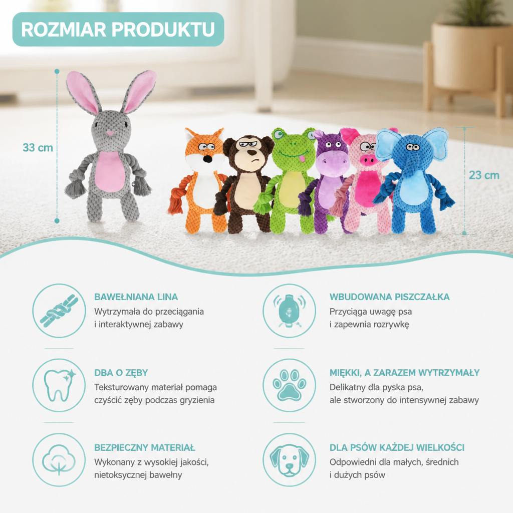 Pluszowa Zabawka Dla Psa Z Bawełnianą Liną, Piszczałką I Funkcją Pielęgnacji Zębów