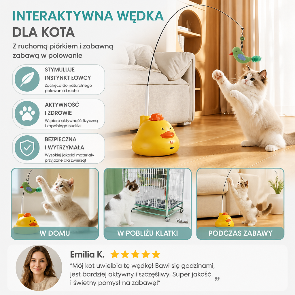 Interaktywna Wędka Dla Kota Z Ruchomą Piórkiem I Zabawną Zabawą W Polowanie