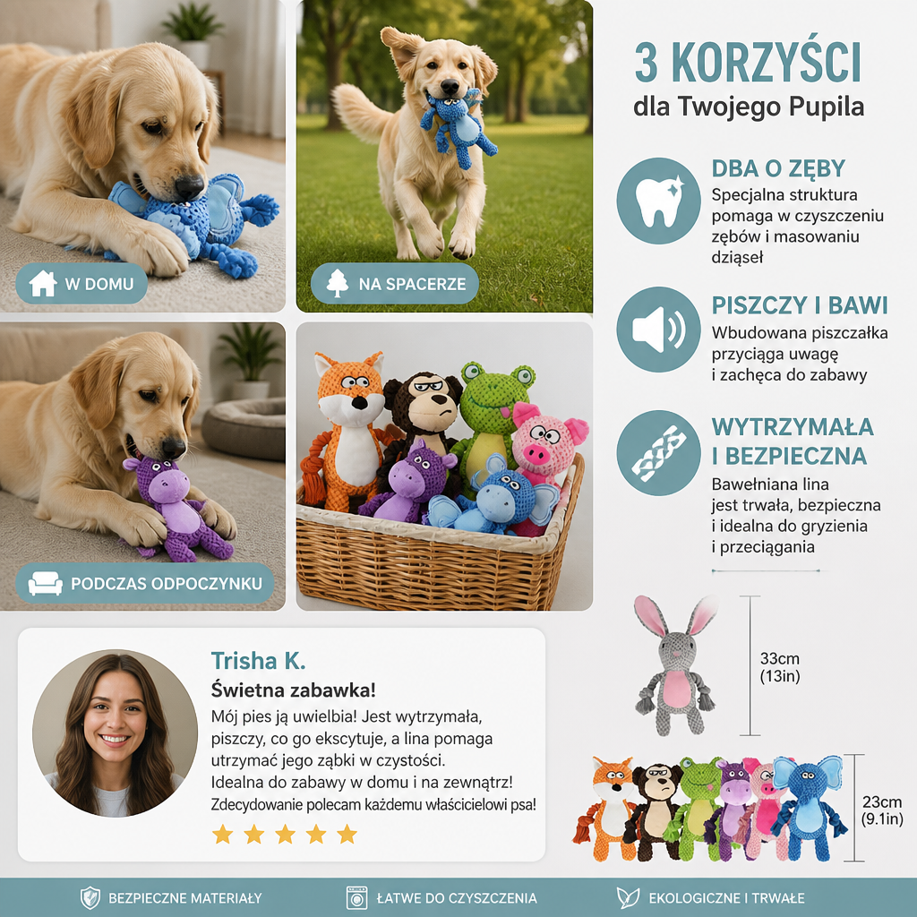 Pluszowa Zabawka Dla Psa Z Bawełnianą Liną, Piszczałką I Funkcją Pielęgnacji Zębów