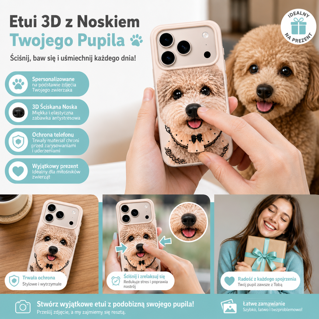 Personalizowane Etui na Telefon ze Zdjęciem Pupila i 3D Ściskaną Noską