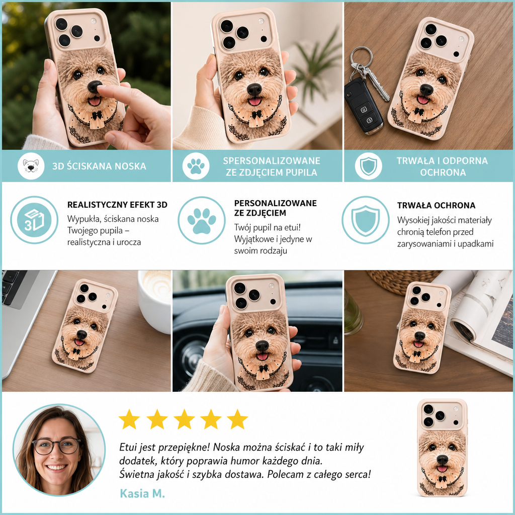 Personalizowane Etui na Telefon ze Zdjęciem Pupila i 3D Ściskaną Noską