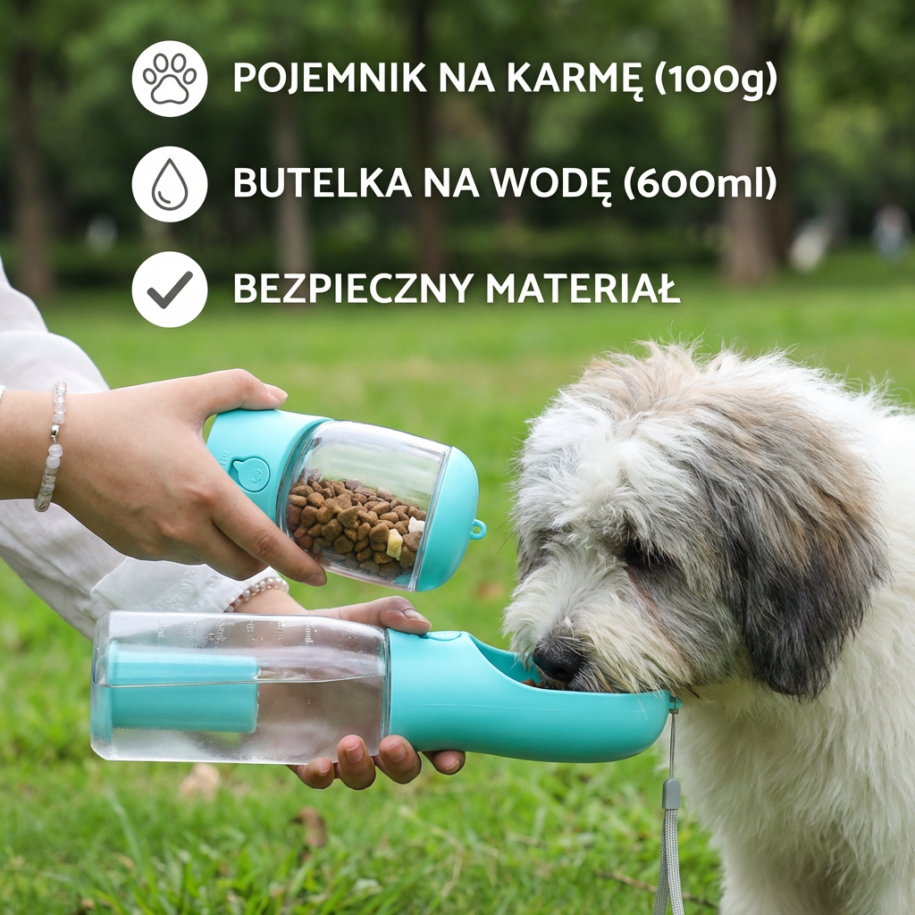 Butelka na wodę dla psa 3-w-1 – Butelka podróżna z pojemnikiem na jedzenie