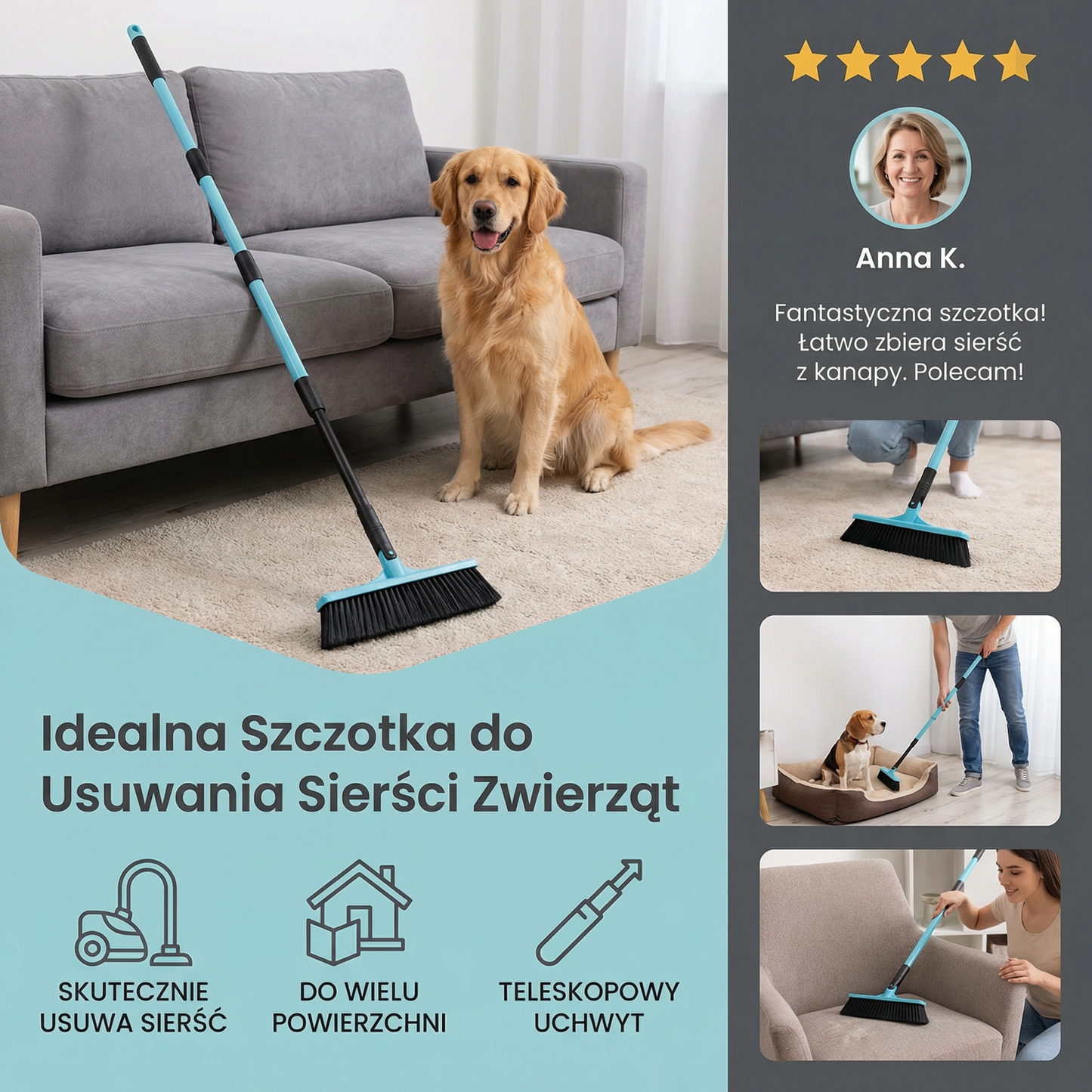 Teleskopowa Szczotka do Usuwania Sierści Zwierząt – Czyścik do Wielu Powierzchni do Dywanów, Sof i Legowisk dla Psów