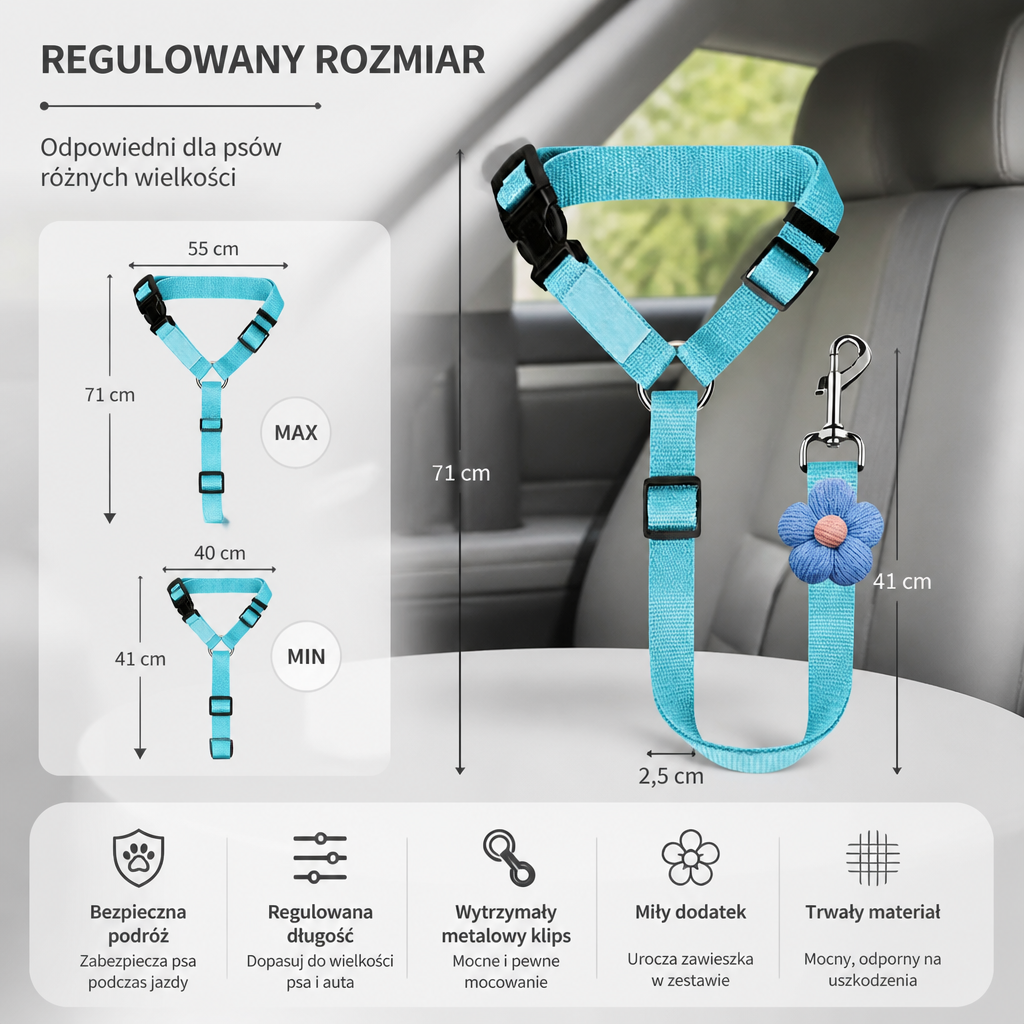 Regulowane Szelki z Pasem Bezpieczeństwa dla Psa do Bezpiecznej i Komfortowej Podróży Samochodem