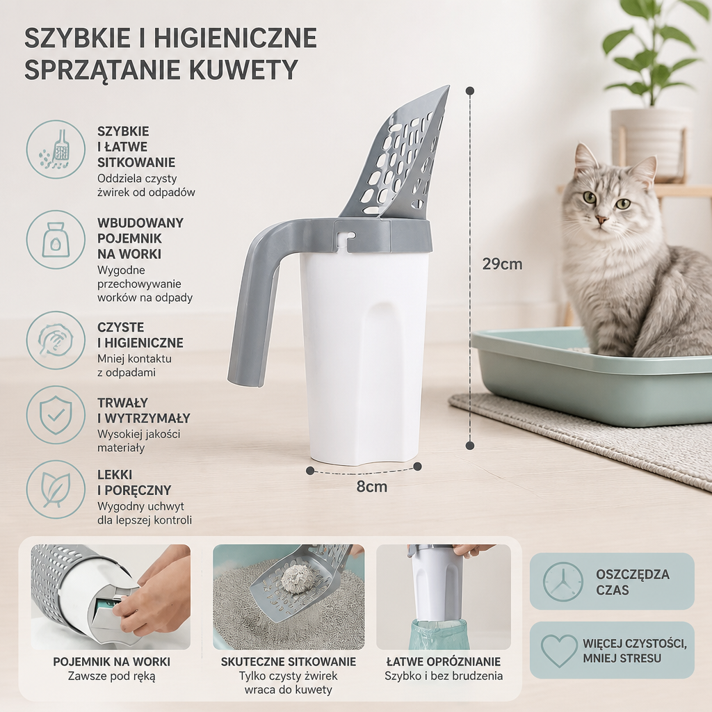 Łopatka do Żwirku z Uchwytem na Woreczek na Odpady do Szybkiego i Czystego Sprzątania