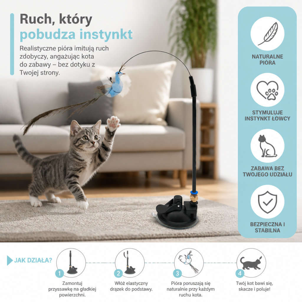 Bezdotykowa interaktywna wędka dla kota z naturalnymi piórami i przyssawką