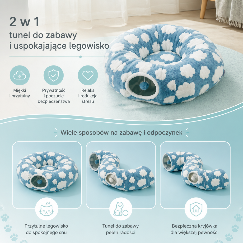 Puszysty tunel do zabawy 2 w 1 i uspokajające legowisko dla zwierząt z kocykiem i otworem do zaglądania