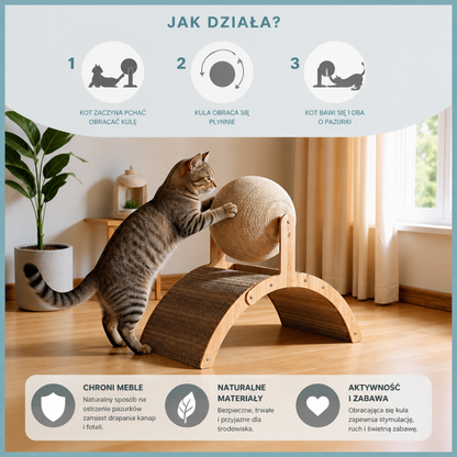 Interaktywny drapak dla kota w kształcie koła z obracającą się kulą z juty