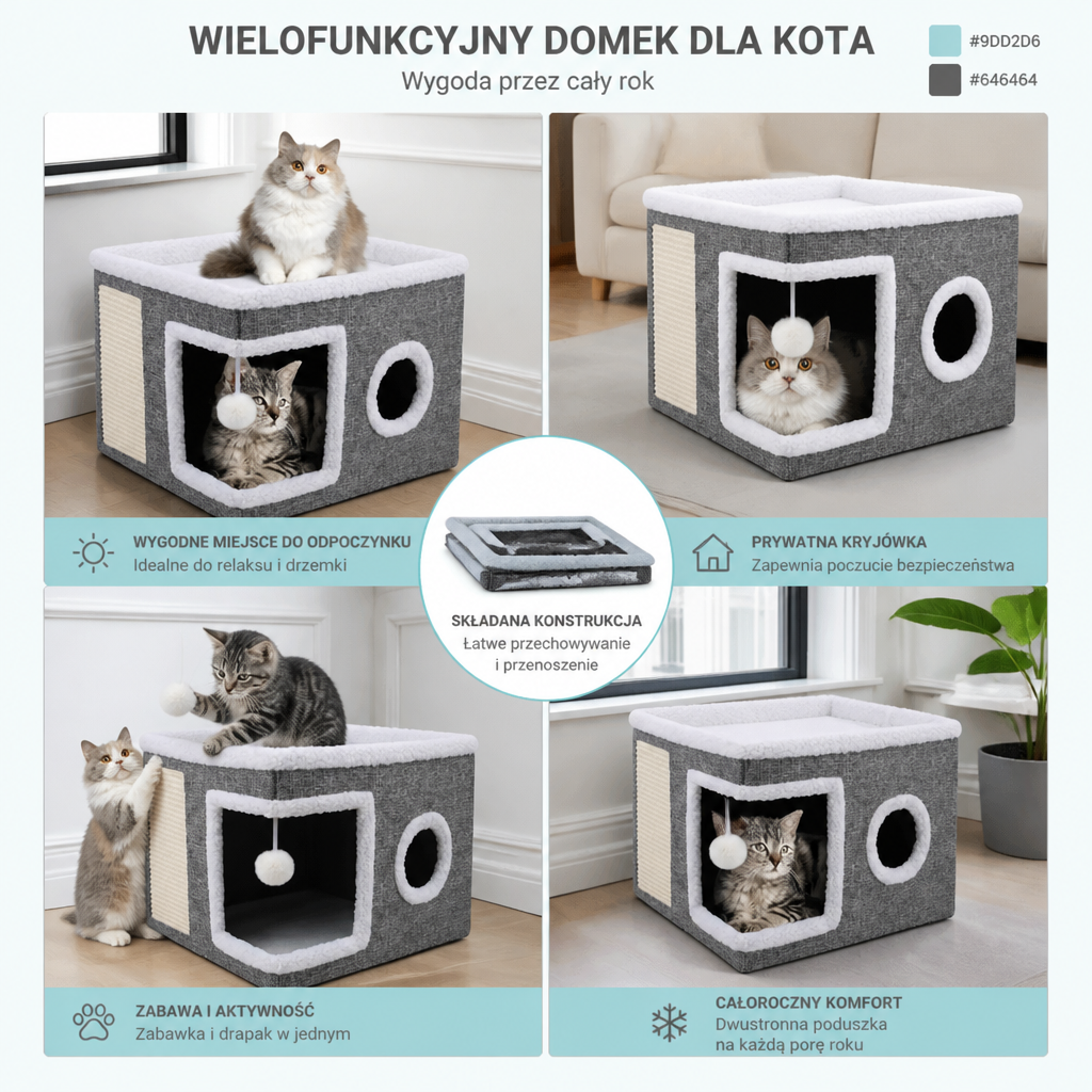 Nowoczesny składany domek dla kota z dwustronną całoroczną poduszką i wiszącą zabawką