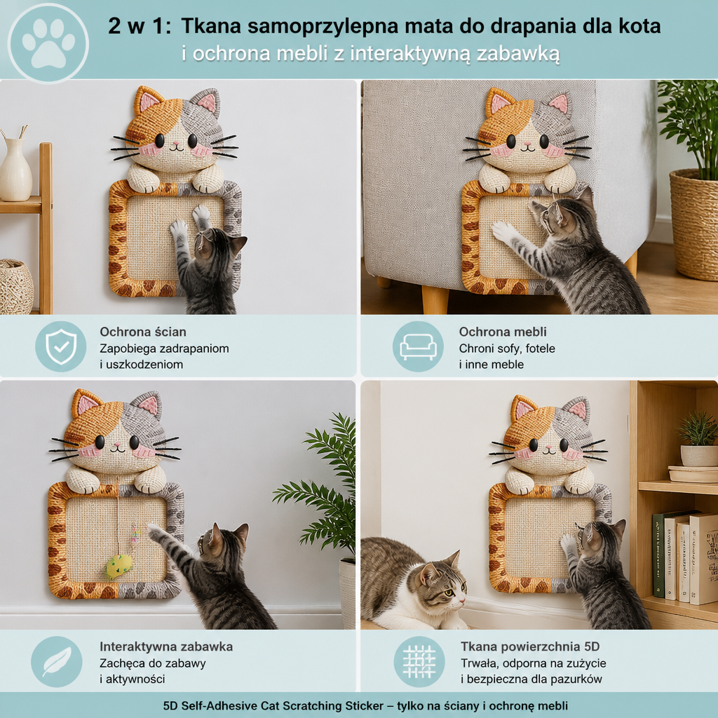 2 w 1: Tkana samoprzylepna mata do drapania dla kota i ochrona mebli z interaktywną zabawką