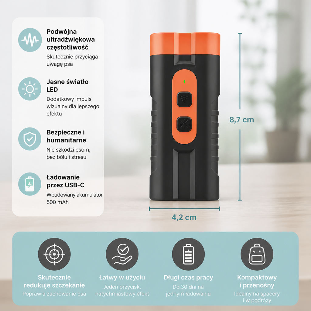 Ultradźwiękowe urządzenie przeciw szczekaniu dla psów – Delikatna pomoc treningowa Mobilna i Ładowalna