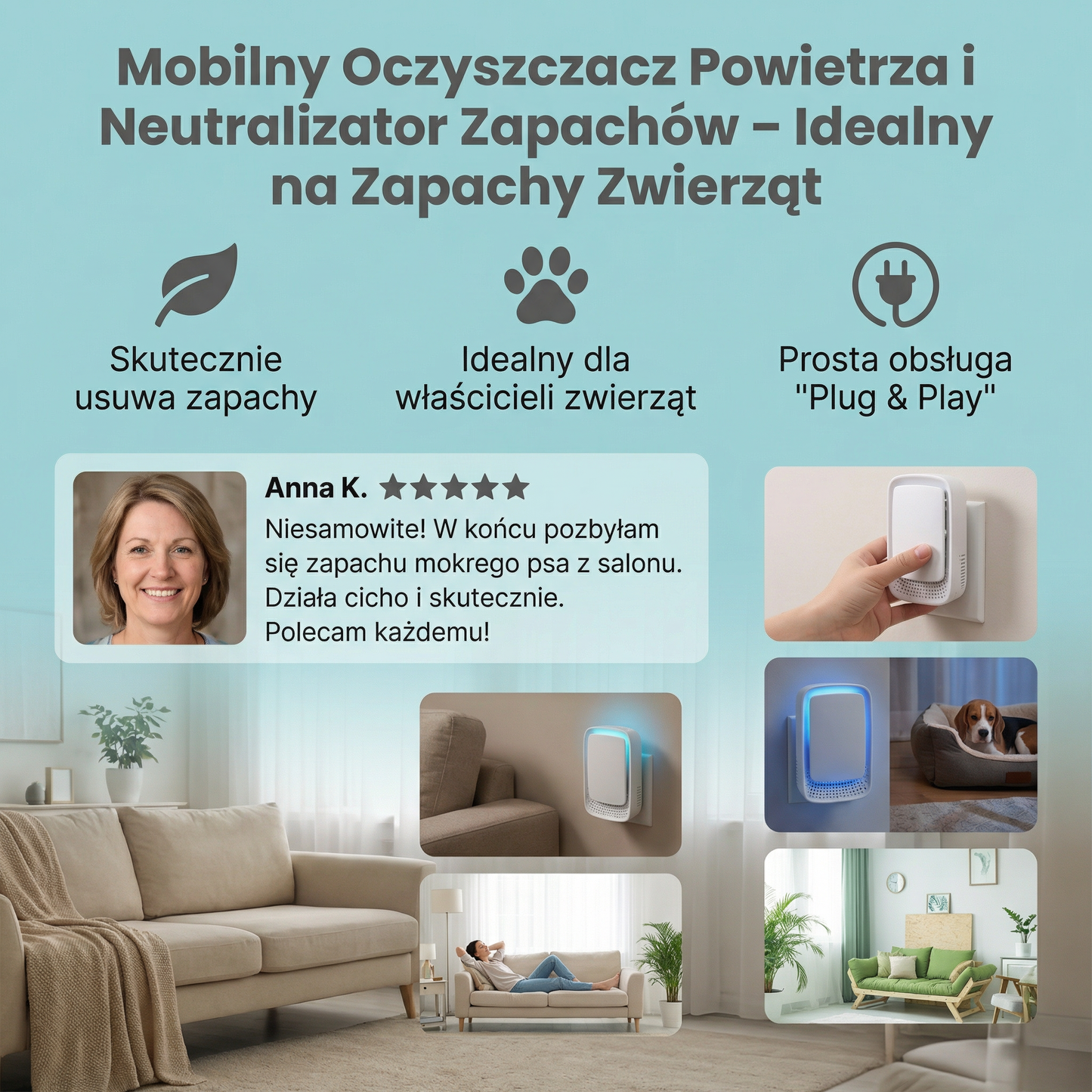 Mobilny Oczyszczacz Powietrza i Neutralizator Zapachów – Idealny na Zapachy Zwierząt
