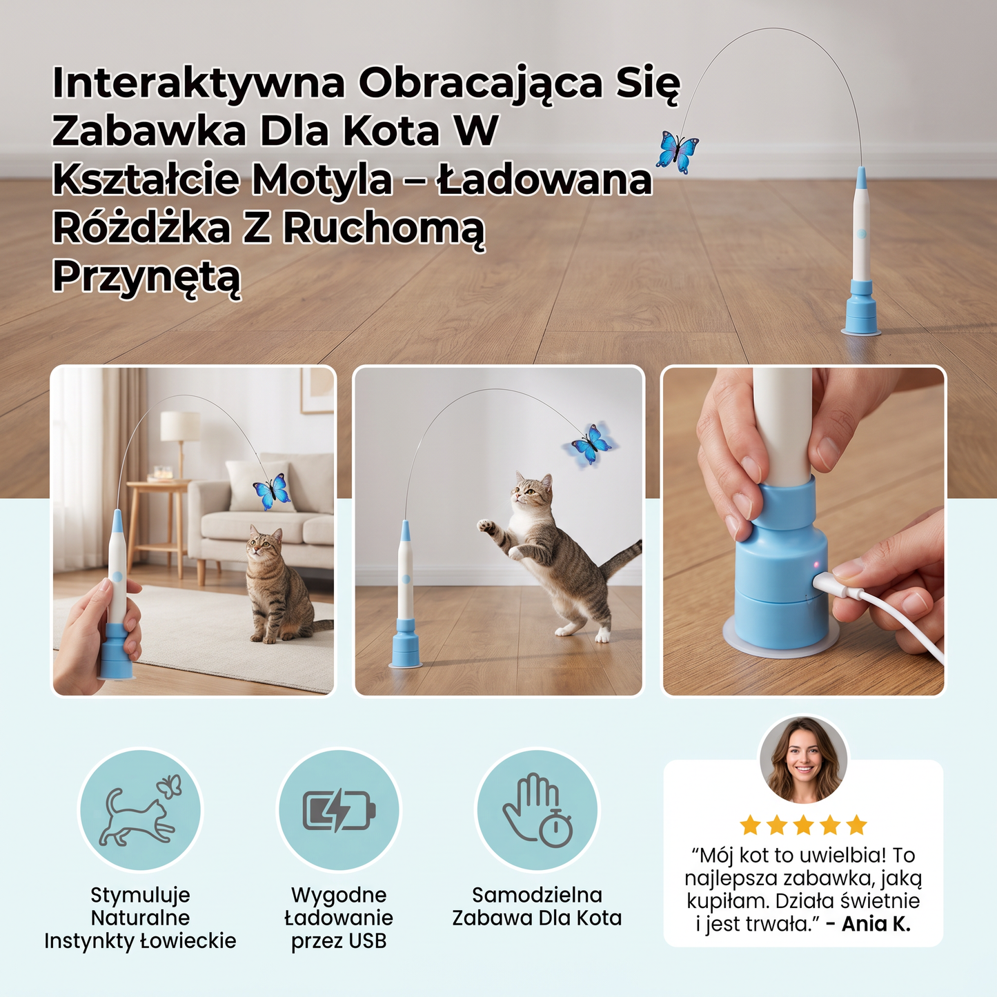 Interaktywna Obracająca Się Zabawka Dla Kota W Kształcie Motyla – Ładowana Różdżka Z Ruchomą Przynętą