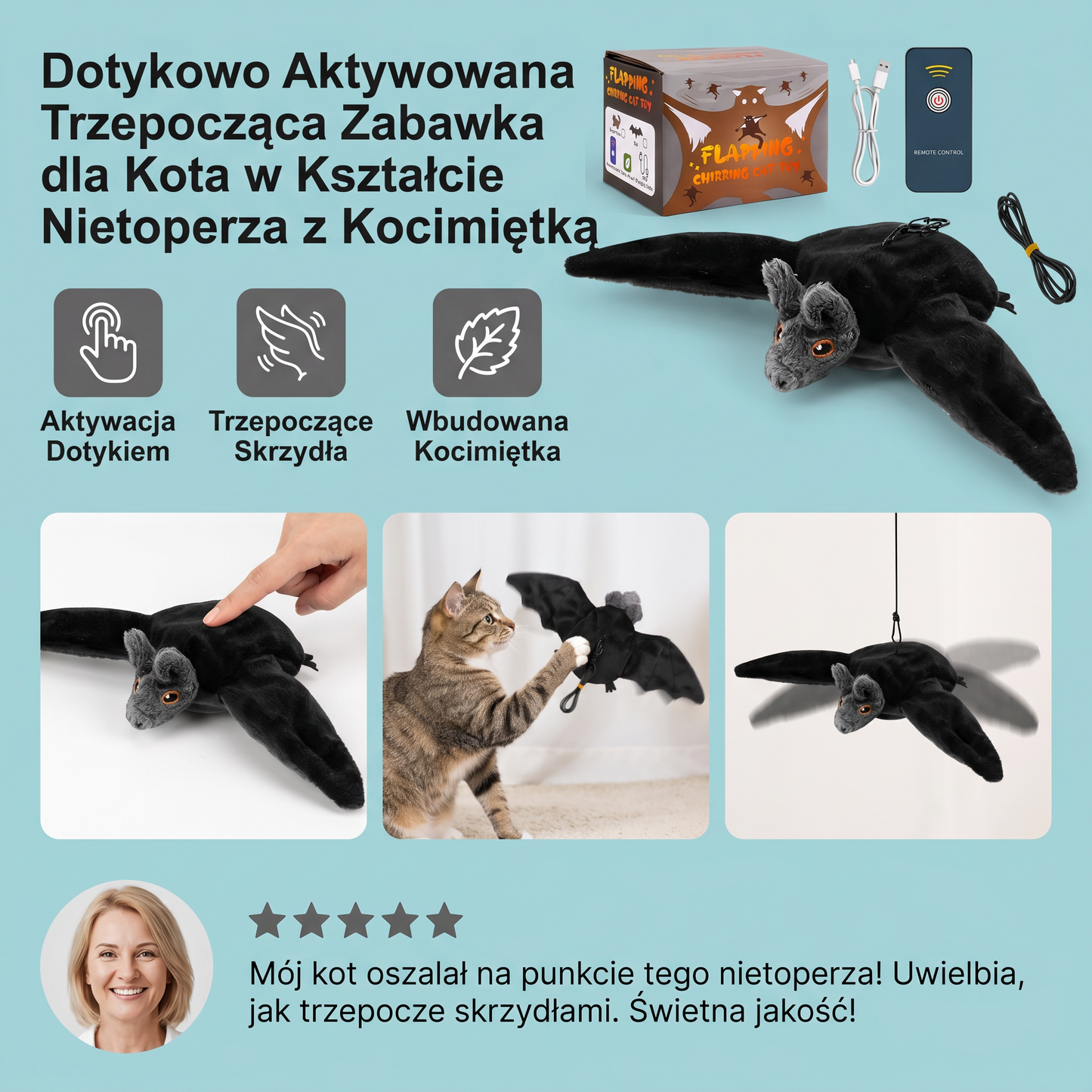 Dotykowo Aktywowana Trzepocząca Zabawka dla Kota w Kształcie Nietoperza z Kocimiętką