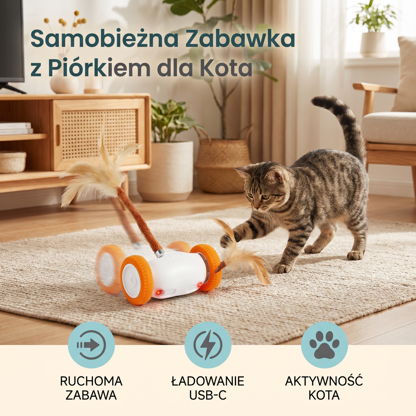 Samobieżna Zabawka z Piórkiem dla Kota