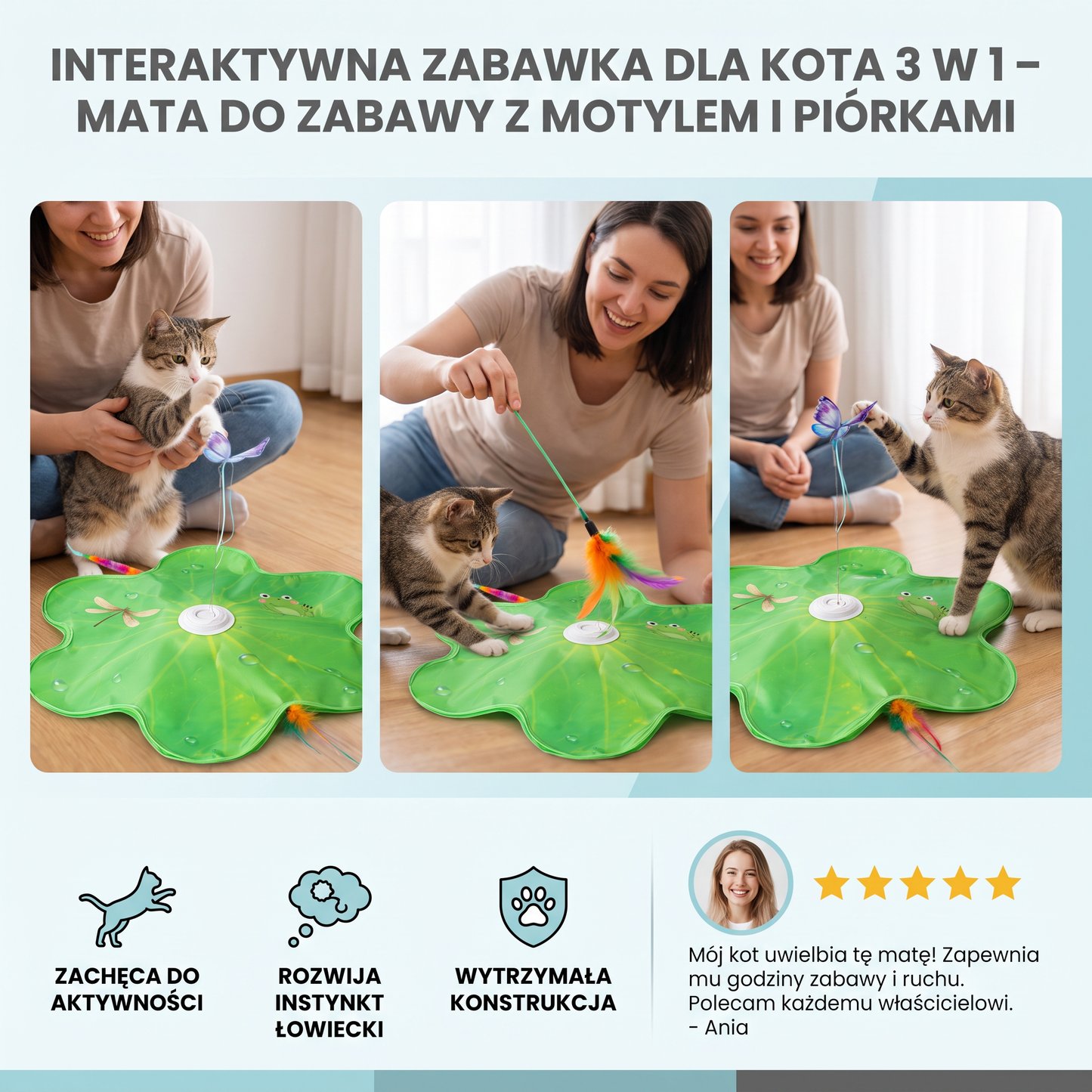 Interaktywna Zabawka Dla Kota 3 W 1 – Mata Do Zabawy Z Motylem I Piórkami