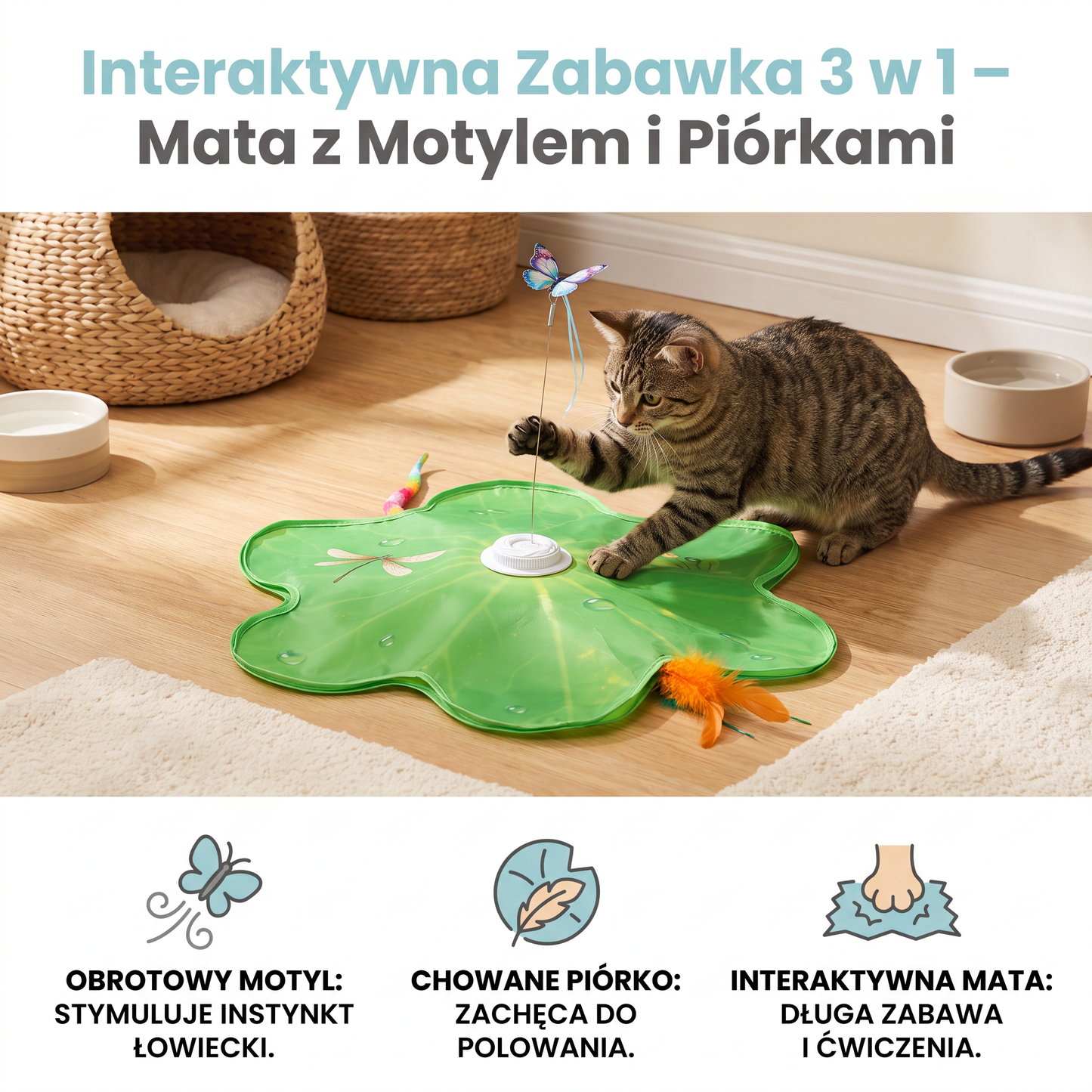Interaktywna Zabawka Dla Kota 3 W 1 – Mata Do Zabawy Z Motylem I Piórkami