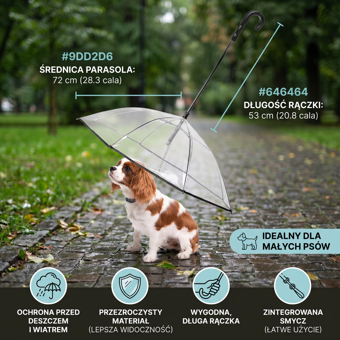 Przezroczysty parasol dla psa z smyczą dla małych psów