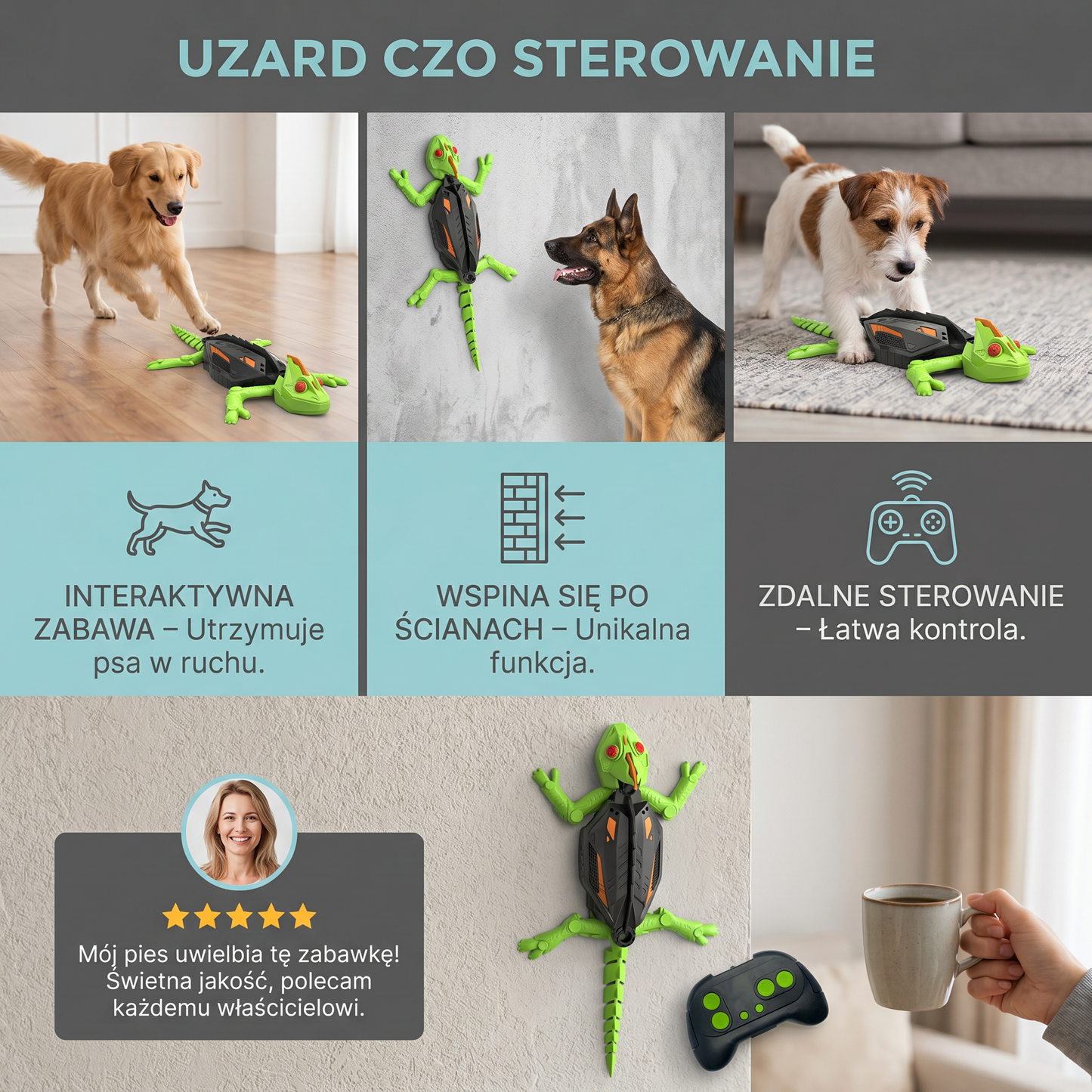 Zabawka dla psa – wspinająca się jaszczurka sterowana pilotem