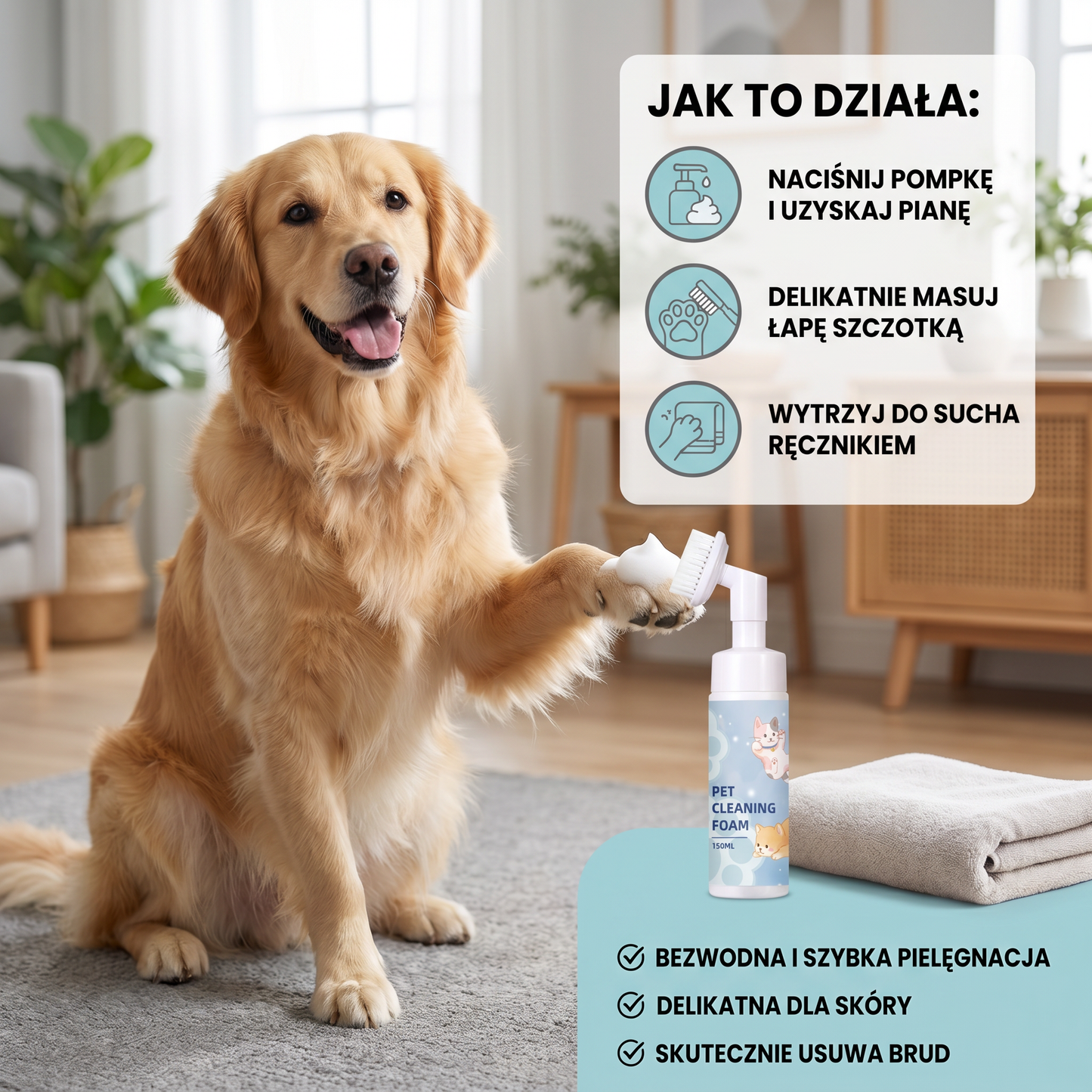Bezwodna i Delikatna Pianka do Czyszczenia Łap z Szczotką dla Psów