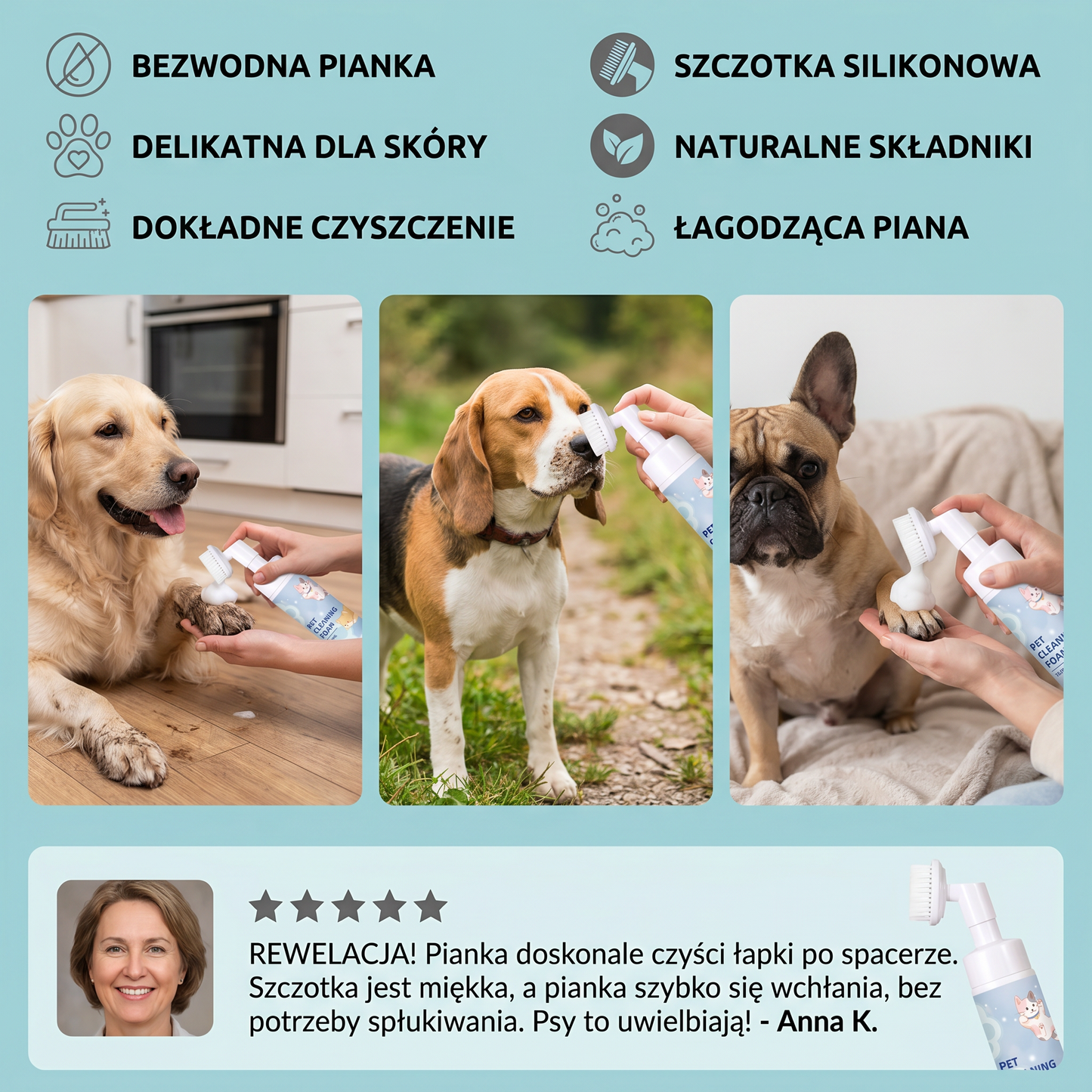Bezwodna i Delikatna Pianka do Czyszczenia Łap z Szczotką dla Psów
