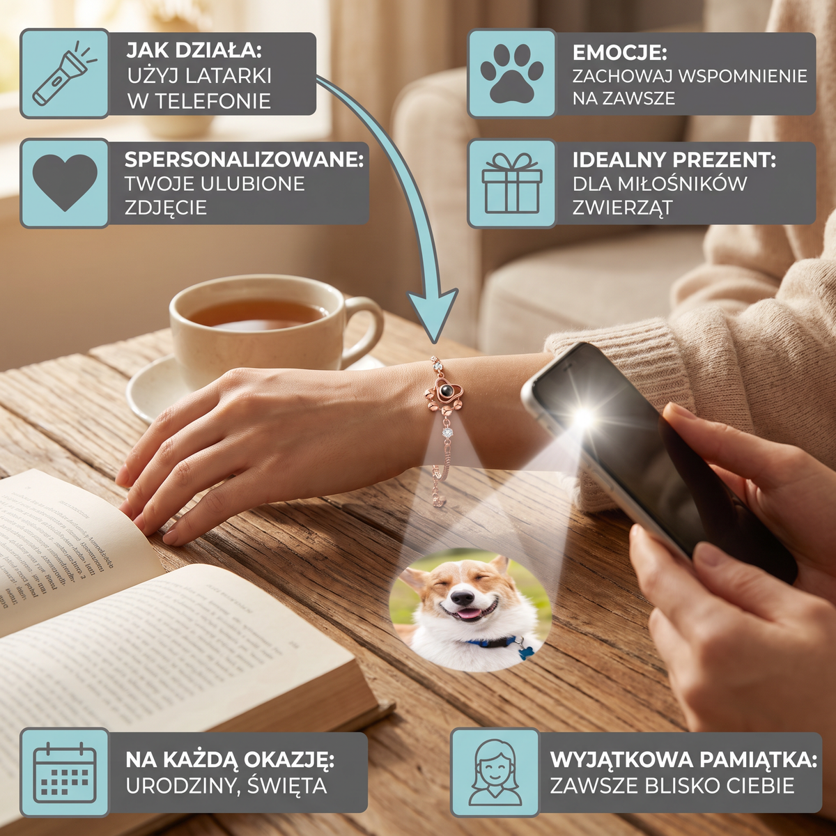 Spersonalizowana bransoletka z projekcją zdjęcia łapki