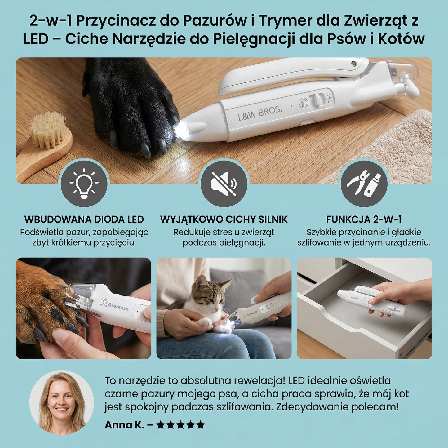 2-w-1 Przycinacz do Pazurów i Trymer dla Zwierząt z LED – Ciche Narzędzie do Pielęgnacji dla Psów i Kotów