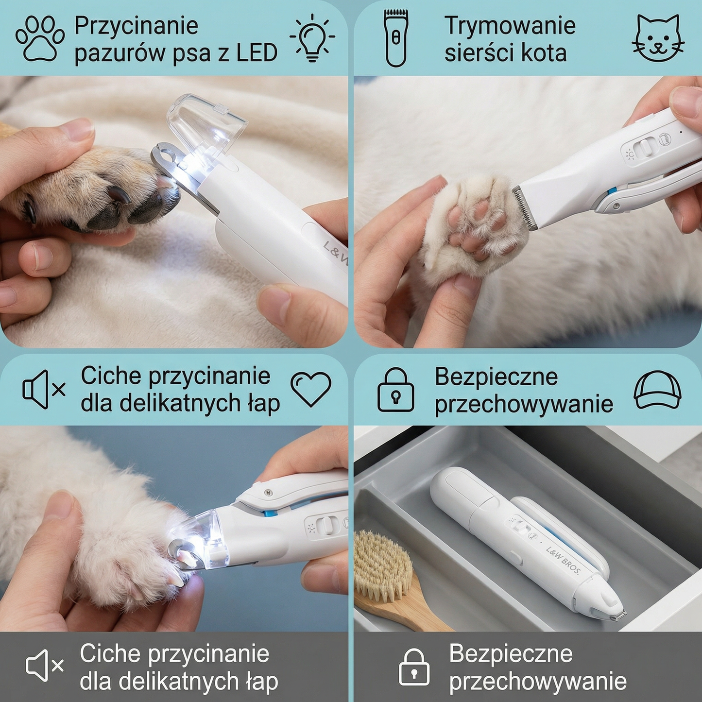 2-w-1 Przycinacz do Pazurów i Trymer dla Zwierząt z LED – Ciche Narzędzie do Pielęgnacji dla Psów i Kotów
