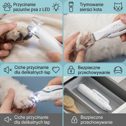 2-w-1 Przycinacz do Pazurów i Trymer dla Zwierząt z LED – Ciche Narzędzie do Pielęgnacji dla Psów i Kotów