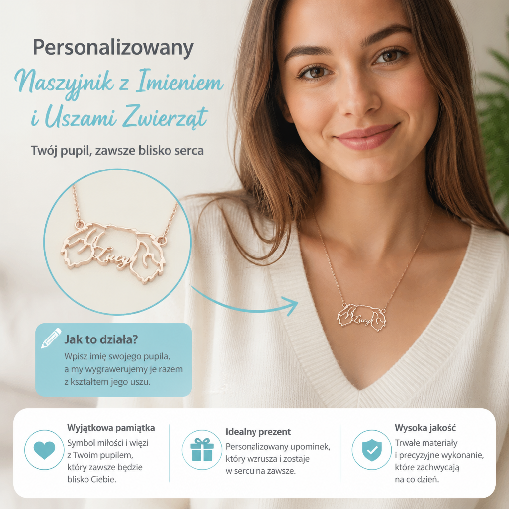 Personalizowany Naszyjnik z Imieniem i Uszami Zwierząt