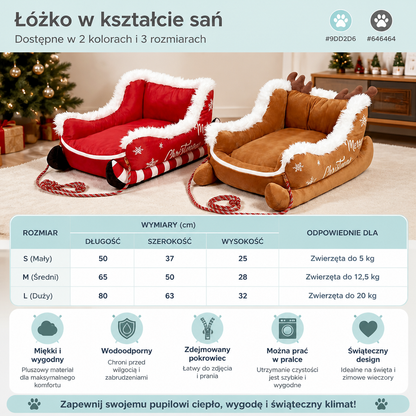 Pluszowe legowisko dla zwierząt w kształcie świątecznych sań z wodoodpornym, zdejmowanym pokrowcem do prania