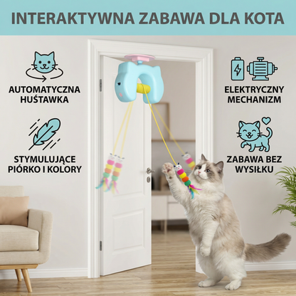 Interaktywna zabawka dla kota z piórkiem i automatyczną huśtawką – elektryczna zabawka do zawieszenia na drzwiach dla kotów